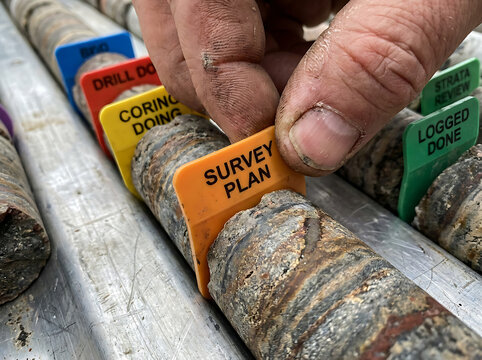 Geologist's hand examining core samples with identification tags, representing geological survey and data collection