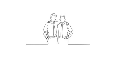 Fototapeta premium Continuous line drawing of two businessmen standing together in a minimalist style