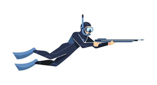 Spearfishing diver in dark blue wetsuit with speargun