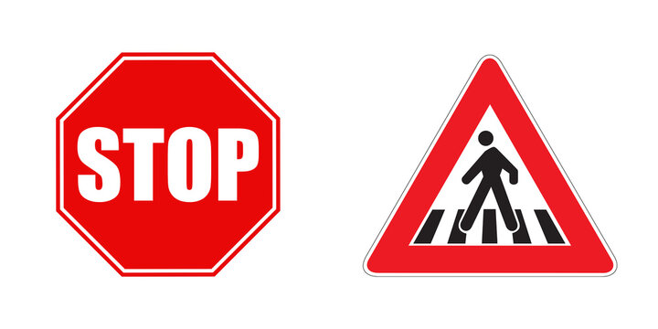 Stop sign and pedestrian crossing icons isolated on transparent background