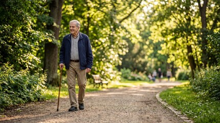 Fototapeta premium Senior man walking with a cane in a sunny park