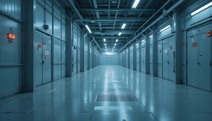 Fototapeta premium A long corridor with multiple doors.