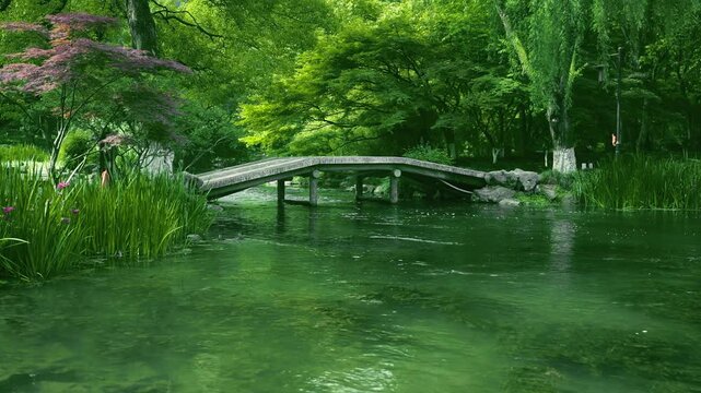 Lush Greenery and Arch Bridge Over Water