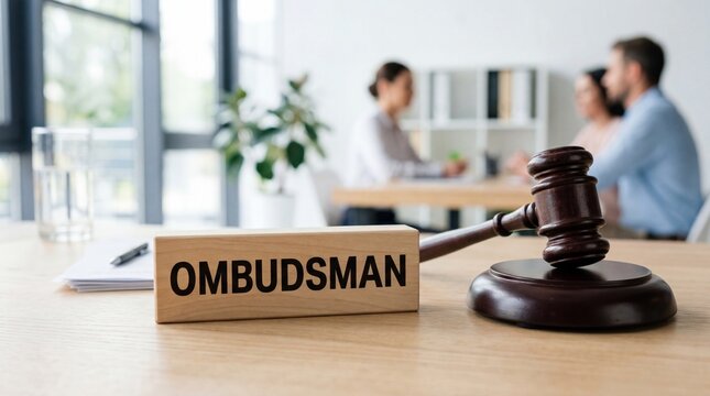 Wooden Block with Ombudsman Word and Judge Gavel in Legal Office Setting