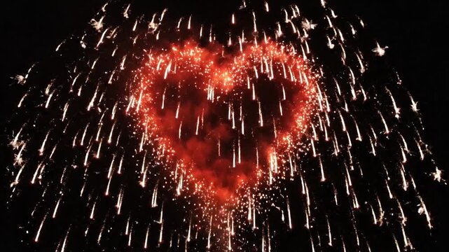 Sparkling heart shaped firework exploding in dark night sky