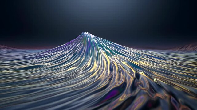 Abstract wave flowing line digital art glowing curve dark background with purple light blue light smooth texture motion blur futuristic design, blue wave peak abstract fluid motion dark background