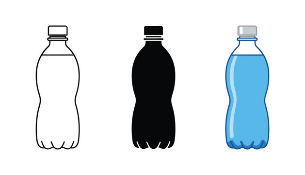Three plastic bottles in white black and blue colors isolated on a clean background showcasing simplicity and versatility in design
