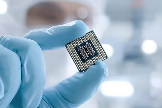 Close-up of PPE person holding CPU with pin grid facing viewer