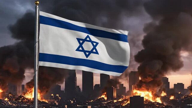 The national flag of Israel waving against a backdrop of smoke and fire in a city during a conflict.