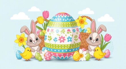 Obraz premium Cute Cartoon Easter Bunnies with Colorful Eggs and Flowers
