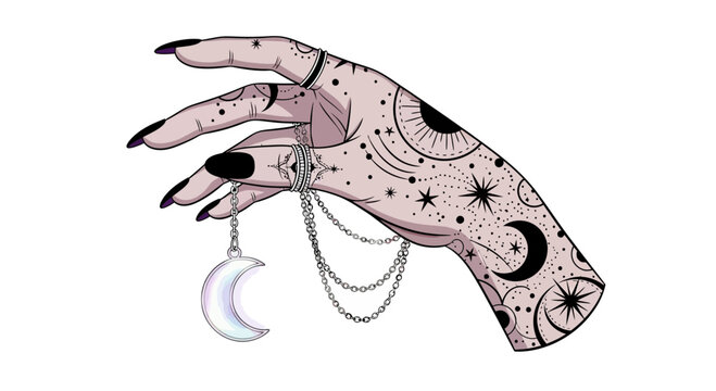 Mystical hand with celestial tattoos holding crescent moon pendant
