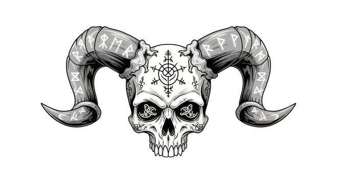 Skull with Ram Horns and Norse Runes