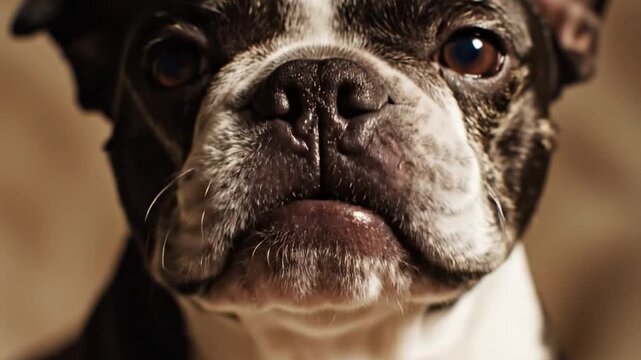 Cute Boston Terrier dog licking screen close up view