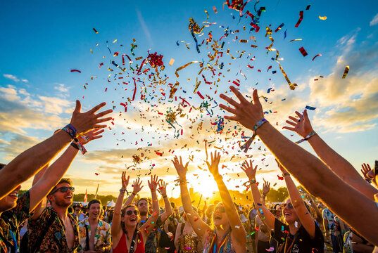 Excited crowd throws colorful confetti in the air at a summer music festival during sunset