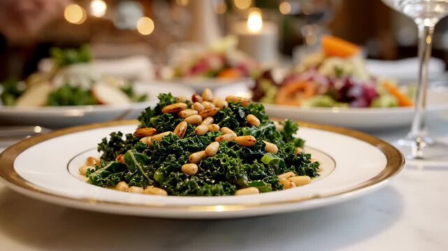 Fresh kale salad with toasted pine nuts served at a luxury restaurant dinner party.