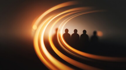 Fototapeta premium Silhouetted Figures with a Dynamic Flow of Light Creating an Intense and Mysterious Atmosphere in a Dark Setting
