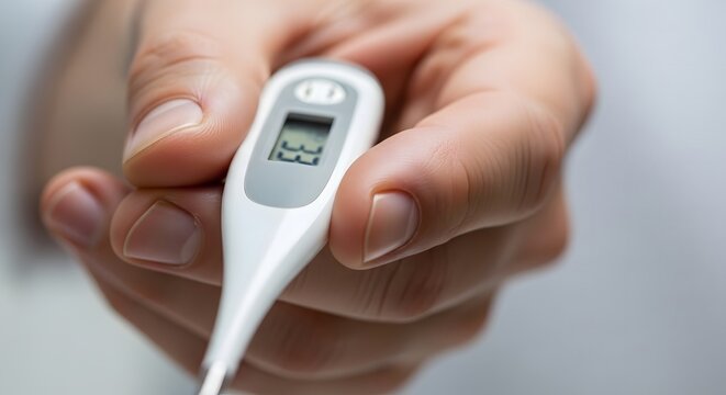 Close-up of a hand holding a thermometer, medical healthcare photography