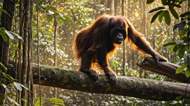 Large walking ape balancing on a log in a dense tropical jungle