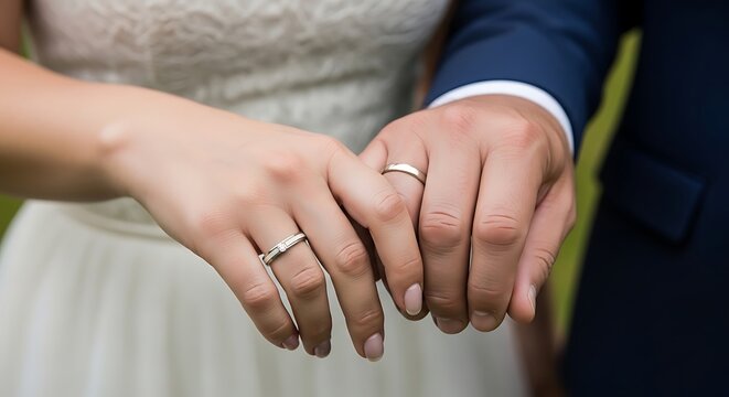 Wedding rings on bride and groom hands