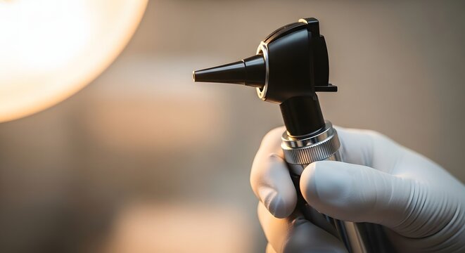 Close-up of hand holding an otoscope, healthcare photography