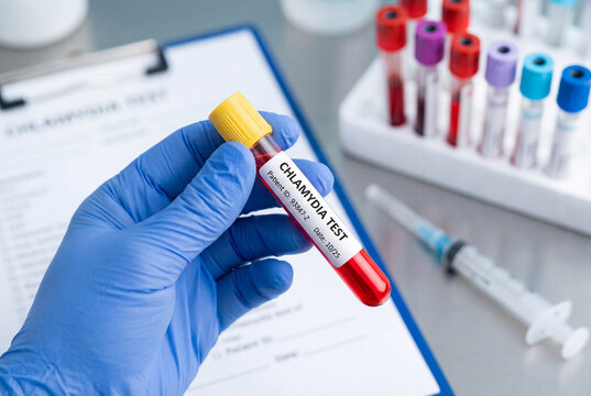 Doctor holding a blood sample for a chlamydia test in a medical laboratory for STI screening