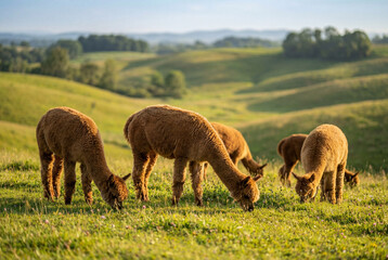 Fototapeta premium Three fluffy brown alpacas grazing on vibrant green grass in a scenic countryside landscape