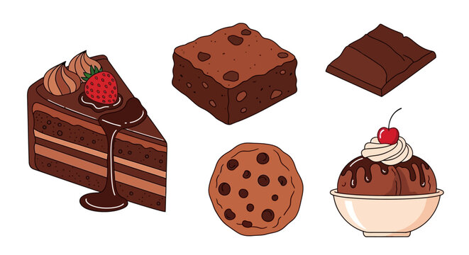 Chocolate desserts including cake, brownies, cookie, and ice cream sundae on a white background.