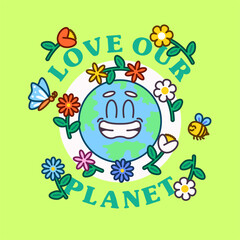 Naklejka premium Smiling earth surrounded by flowers, bees, and butterflies in a playful eco theme. Perfect for environmental awareness, nature, and sustainability designs vector illustration