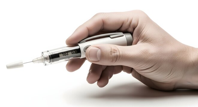 Hand holding insulin pen, medical photography, healthcare concept