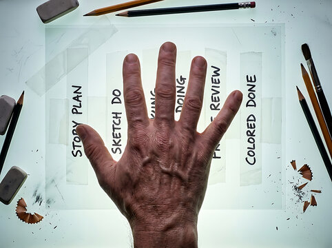 Animator's hand guides the creative process, from story planning to final colored artwork