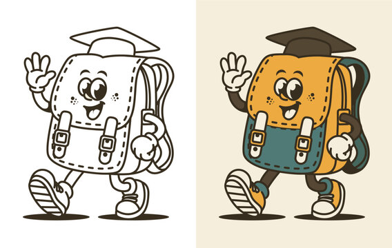 Vintage retro cartoon backpack mascot character wearing a graduation cap. Line art and colored version illustration for streetwear apparel, stickers, and school merchandise