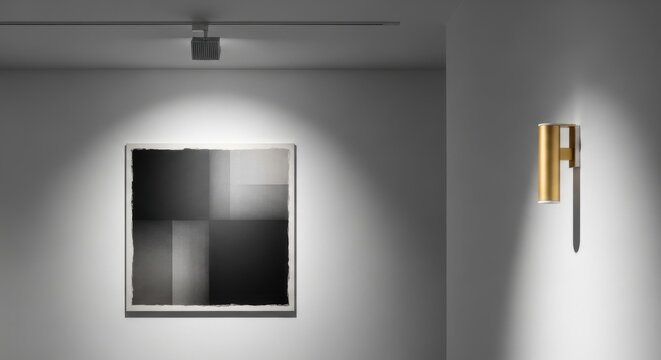 Modern gallery track lighting illuminates abstract monochrome artwork with focused beam