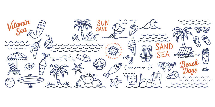 Hand Drawn Beach Elements and Summer Vacation Icons Collection Keywords: beach, summer, sea, sun, sand, vacation, travel