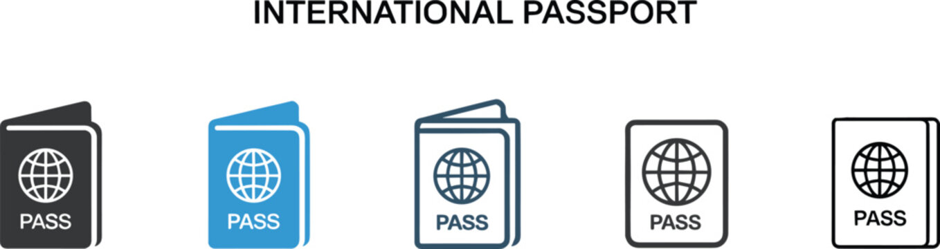 International passport icons with globe and PAS text in various styles Keywords: passport, international, travel, document