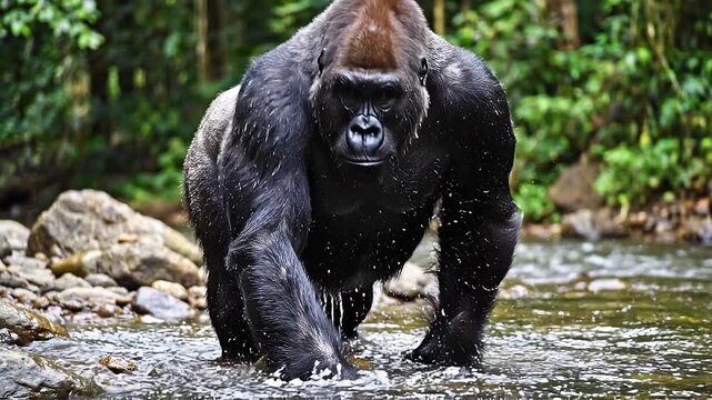 Powerful walking ape crossing a rocky river in a tropical jungle