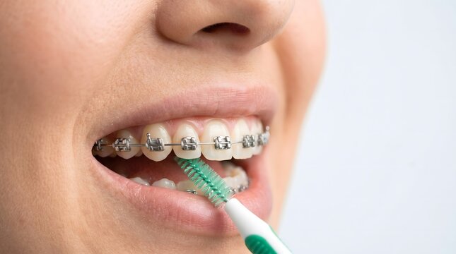Detailed Macro of orthodontic braces with interproximal brush demonstrating hygiene to promote pediatric dental care in a sterile clinic