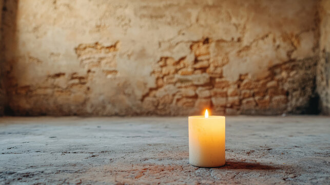 Candle flame wax wall plaster ruin chapel faith, soft glow on concrete floor, quiet vigil mood in abandoned interior, solitude