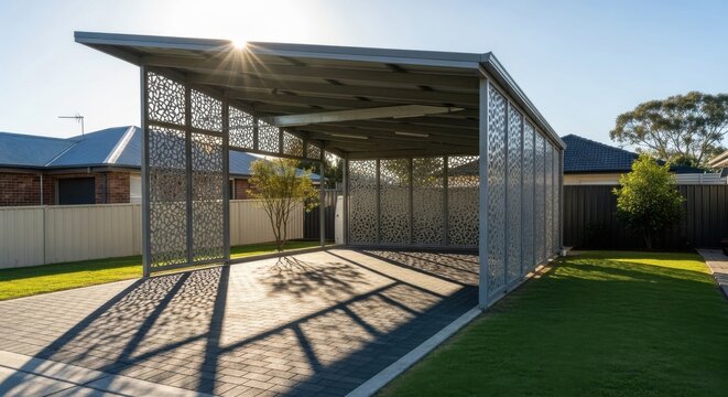 Modern carport with angled metal roof and decorative perforated screens offering vehicle protection and outdoor shade