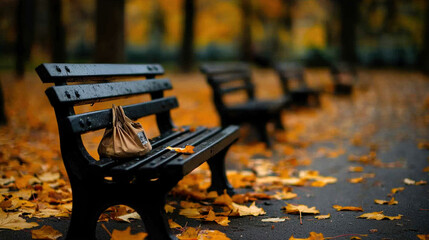 Naklejka premium Empty park park bench autumn fallen leaf forgotten bag abandoned path outdoor rain quiet solitude along tree lined walkway