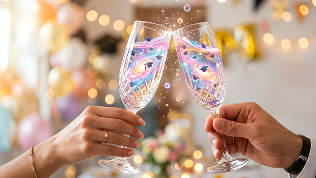 Realistic surreal photo of hands toasting glasses filled with a glowing galaxy of miniature graduation caps.