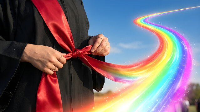 Surreal photo of hands tying a graduation sash that extends into a glowing rainbow path.