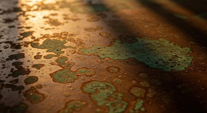Close-up of aged copper sheeting showcasing a natural, textured patina with green verdigris and brown oxidation marks