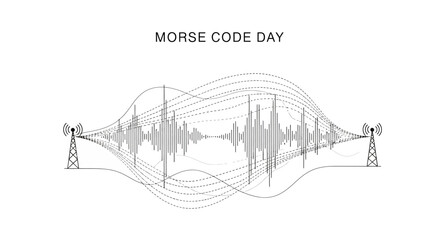 A vector illustration commemorates Morse Code Day with a dot-dash signal visualized as a waveform between two radio towers, presented in a minimalist style against a clean white background © Shabrina