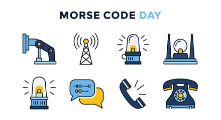 A collection of Morse Code Day illustrations displayed as a vector graphic, showcasing vintage communication technology and a dot dash signal, all set against a clean white background © Shabrina