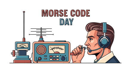 Illustrated design celebrating Morse Code Day featuring a radio operator with vintage communication technology and a dot dash signal, set against a clean white background, conveying a retro © Shabrina