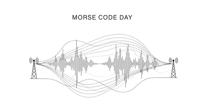 A vector illustration commemorates Morse Code Day with a dot-dash signal visualized as a waveform between two radio towers, presented in a minimalist style against a clean white background