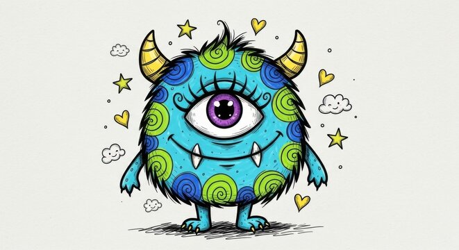 Colorful Cartoon Monster with One Eye and Spiraled Pattern