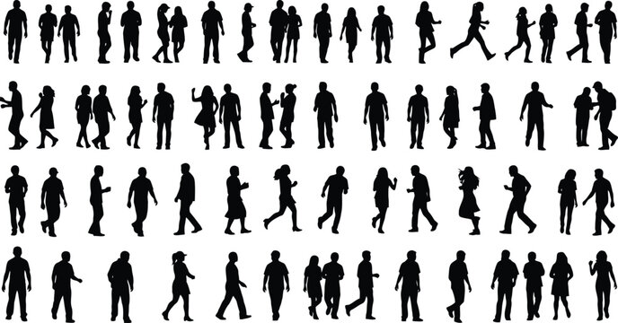 Diverse crowd silhouette collection people in various poses and activities