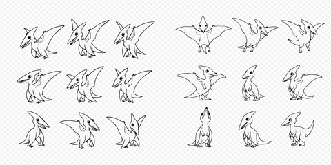 Cute Pterodactyl Cartoon Outline Collection for Coloring Book or Kids' Activities. © Akun