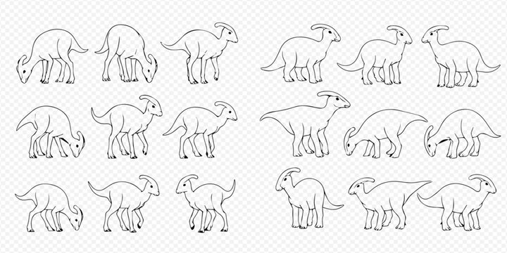 Set of outline Parasaurolophus dinosaurs in various poses, hand-drawn vector illustration for children's coloring books or educational materials.